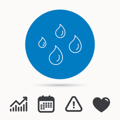 Water drops icon. Rain or washing sign. Rainy day symbol. Calendar, attention sign and growth chart. Button with web icon. Vector