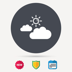 Cloud with sun icon. Sunny weather symbol. Calendar, shield protection and new tag signs. Colored flat web icons. Vector