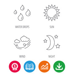 Fototapeta premium Weather, sun and wind icons. Moon night linear sign. Award medal, growth chart and opened book web icons. Download arrow. Vector