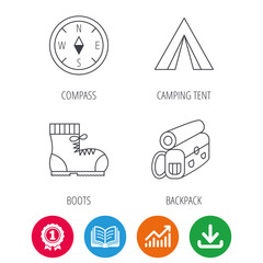 Fototapeta premium Backpack, camping tent and compass icons. Boots linear sign. Award medal, growth chart and opened book web icons. Download arrow. Vector