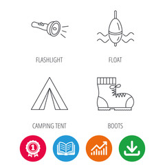 Flashlight, fishing float and hiking boots. Camping tent linear sign. Award medal, growth chart and opened book web icons. Download arrow. Vector