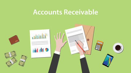 Accounts receivable illustration with a man writing on paperwork with money, calculator and folder document on top of table