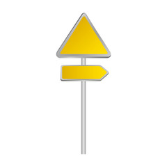 metallic yellow triangle shape traffic sign with direction board set vector illustration