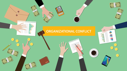 organizational conflict situation illustration with people discuss in a meeting with paperworks, money and folder document on top of table - obrazy, fototapety, plakaty
