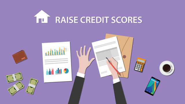 Illustration Of People Counting Raise Credit Score On A Paperwork With Money, Folder Document On Top Of Table