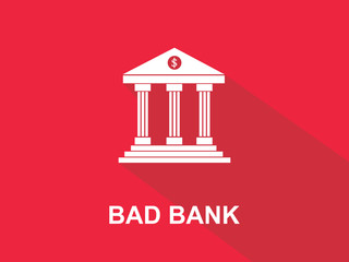 bad bank white text with bank office building illustration and red background