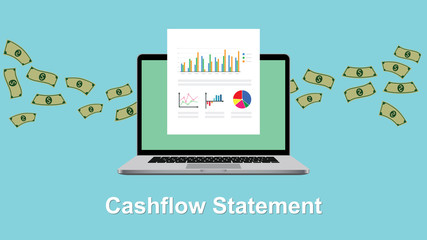 cashflow statement illustration with laptop and money and paperwork graph and chart flowing