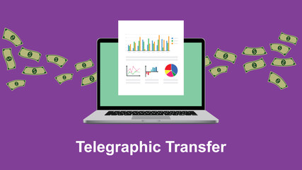 telegraphic transfer illustration with paperwork in front of laptop screen and flying money as background