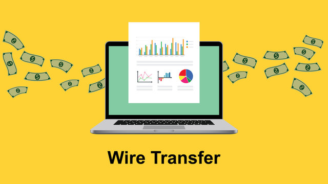 Wire Transfer Illustration With Paperwork In Front Of Laptop Screen And Flying Money As Background