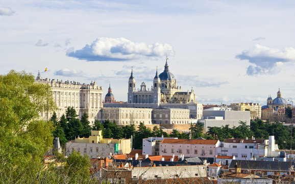 Panoramic view to Santa Maria la Real de La Almudena cathedral and Royal Palace in Madrid, Spain