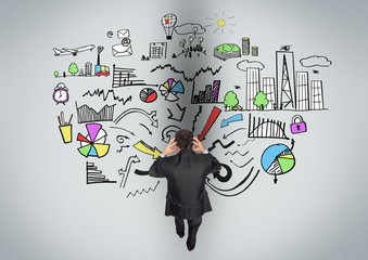 Confused businessman looking at various business graphics icon