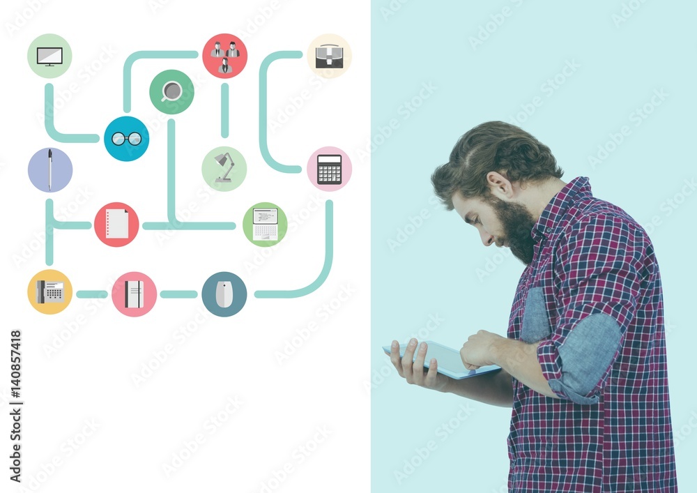 Poster man using digital tablet and various applications icon