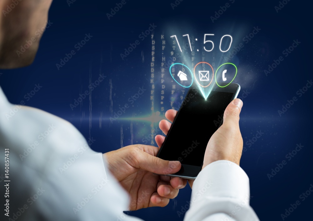 Poster man using mobile phone with various application
