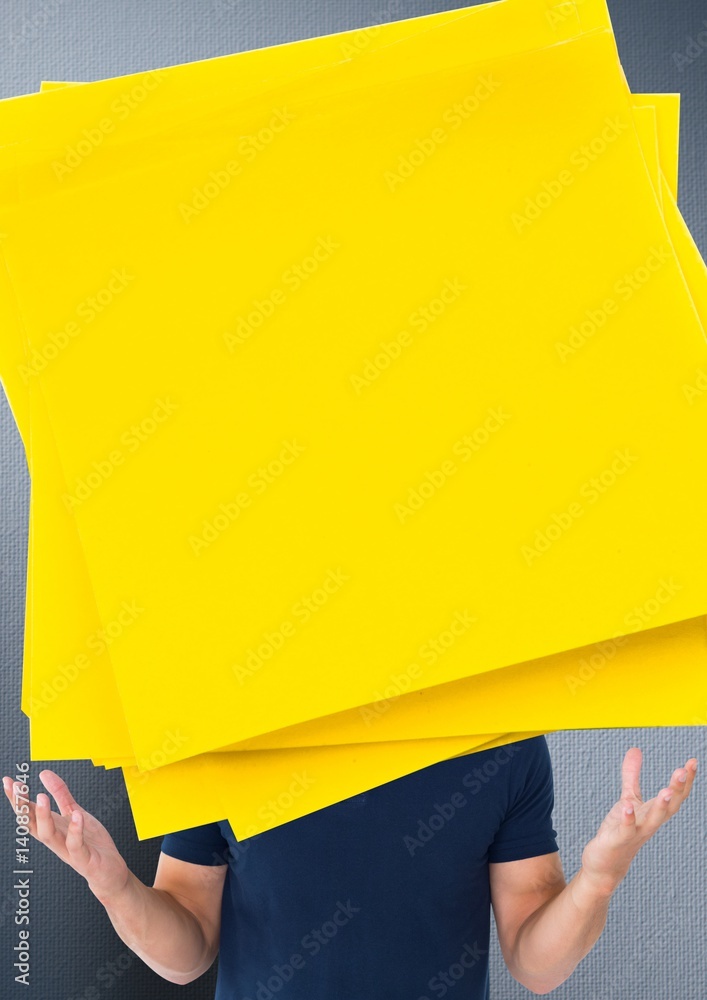 Poster man with large yellow sticky notes in front of face