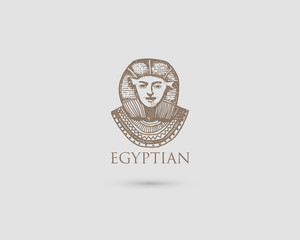Egyptian pharaon logo with symbol of ancient civilization vintage, engraved hand drawn in sketch or wood cut style, old looking retro