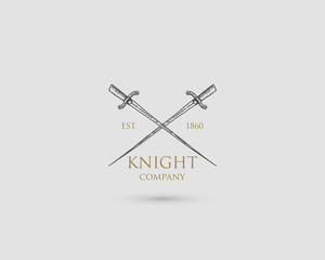 Swords Logo, medieval knight dagger antique vintage symbol , engraved hand drawn in sketch or wood cut style, old looking retro
