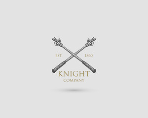Mace Logo, medieval knight antique vintage symbol , engraved hand drawn in sketch or wood cut style, old looking retro