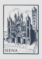 Gotical church in Siena, Tuskany, Italy old looking vintage hand drawn engraved illustration with building and symbol of town cathedral duomo di siena