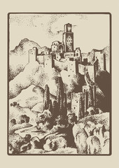 medieval castle in the hill in Tuskany, Italy vintage, engraved hand drawn in sketch or wood cut style, old looking retro roman.
