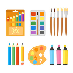 Colored engineering paints and pencils vector illustration simple equipment school supplies subject secretarial tools pastel vertical color education sign.