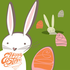 Lovely Easter bunnies look out for burrows Easter eggs. Funny greeting card.
