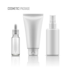 Set of realistic empty packages for skincare cosmetic. Collection of blank template of container: plastic tube for cream, glass bottle for essence or serum, spray. Vector mockup isolated on white