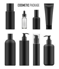 Set of realistic black package for luxury cosmetic product: tube cream, bottle with pump dispenser or spray, oil, lotion or shampoo, gel shower and liquid soap. Vector mockup of isolated on white
