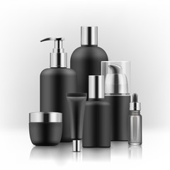 Realistic luxury gamorous set of cosmetic bottles in gold and black isolated on white background, mockup, 3D illustration for branding design and ads, template, beauty and hygiene concept