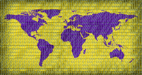 an image of flat world map on binary code background
