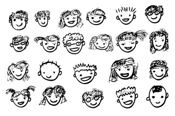 Children with Happy Face, simple vector hand draw sketch