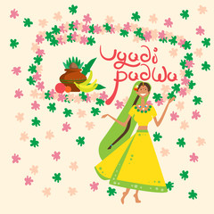 Woman Celebrating Happy Ugadi and Gudi Padwa Hindu New Year Greeting Card Holiday Flat Vector Illustration