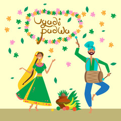 Couple Celebrating Happy Ugadi and Gudi Padwa Hindu New Year Greeting Card Holiday Flat Vector Illustration