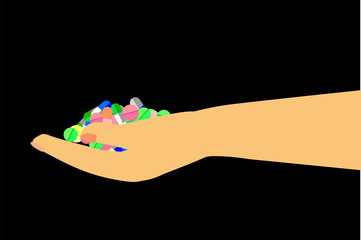 Hand - with Pills and Capsules, at Black Background