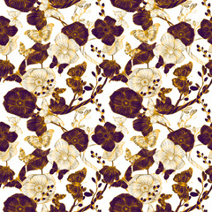 Seamless pattern with collection of different butterflies and flowers for summer and spring design, vintage, boho. Handdrawn separated editable elements, Vector illustration.