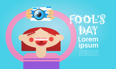 Cartoon Girl Holding Photo Camera Photography Blogger Flat Vector Illustration