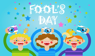 People Group Taking Photo First April Fool Day Happy Holiday Greeting Card Flat Vector Illustration