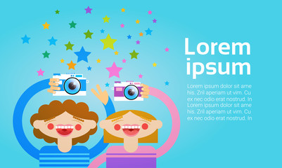 Two Cartoon Girl Holding Photo Camera Photography Blogger Flat Vector Illustration