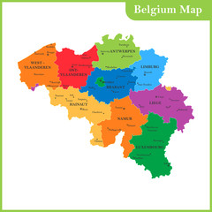 The detailed map of the Belgium with regions or states and cities, capitals