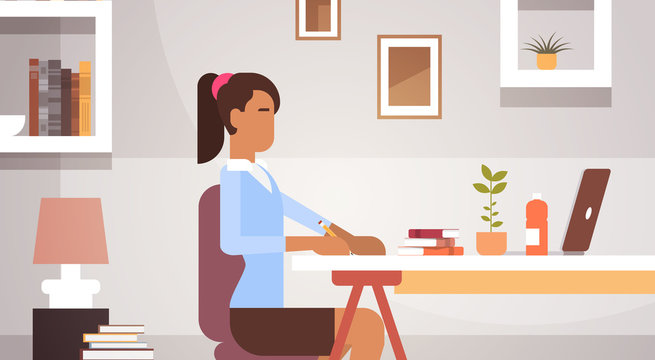 Indian Business Woman Sitting Desk Working Businesswoman Office Flat Vector Illustration