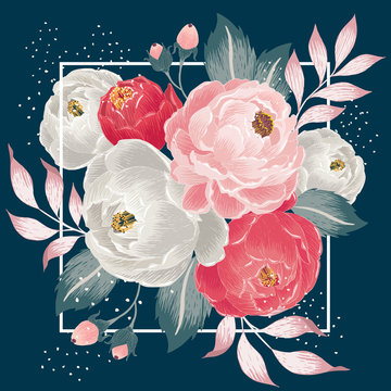  Vector illustration of a beautiful floral bouquet with frame in spring for Wedding, anniversary, birthday and party. Design for banner, poster, card, invitation and scrapbook 	