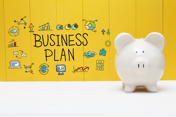 Business Plan text with piggy bank