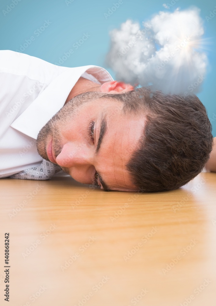 Aufkleber man resting his head with on desk with cloud in background