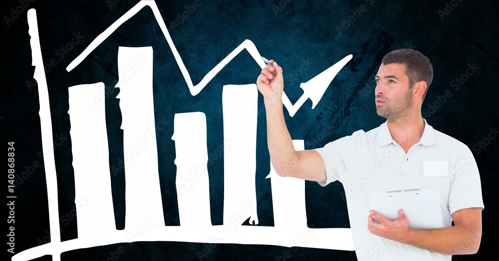 Poster man drawing a bar graph while holding clipboard