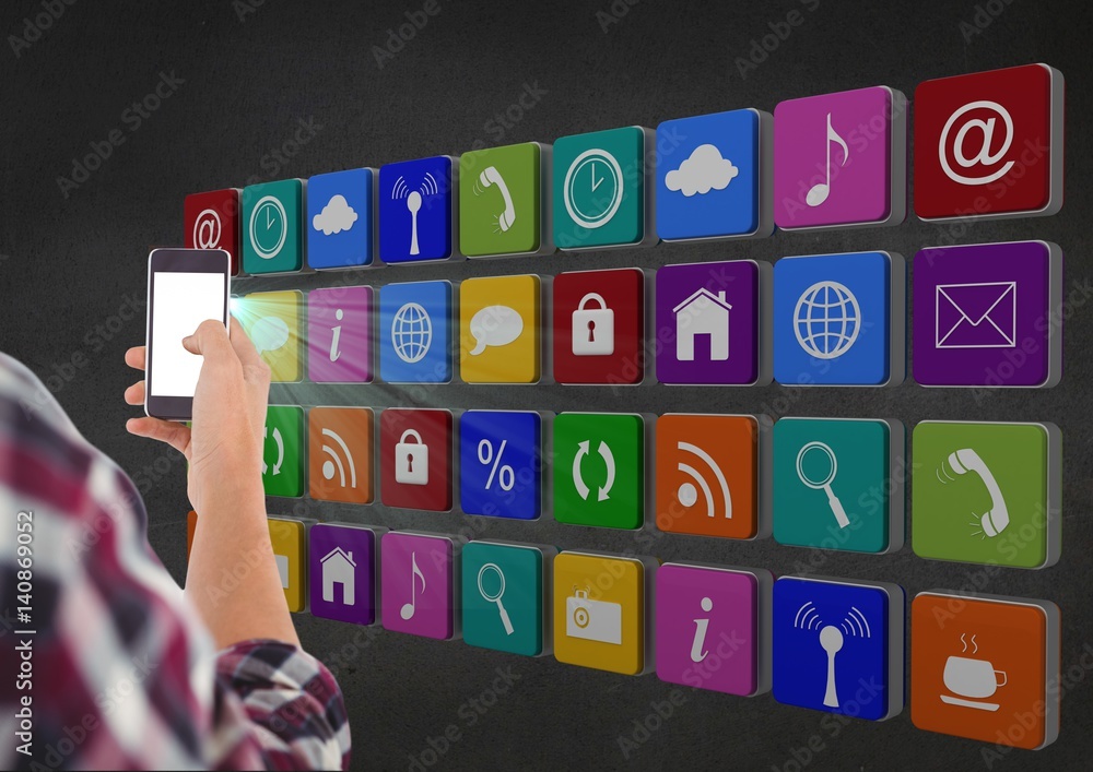 Poster man clicking picture of application icons
