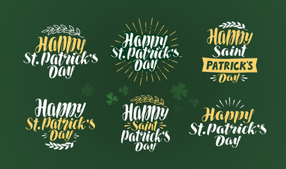 Happy St. Patrick's day, label set. Irish holiday, beer festival. Lettering vector illustration