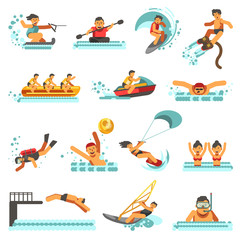 Water sport summer activities vector flat icons set