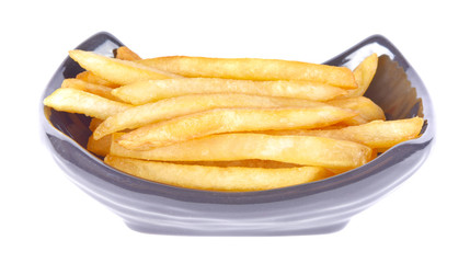 French fries in a black bowl on a white background