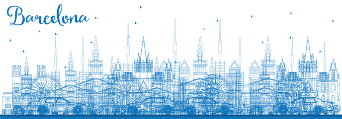 Outline Barcelona Skyline with Blue Buildings.