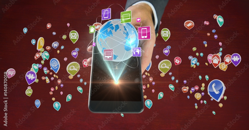 Poster man holding smartphone with various application icons
