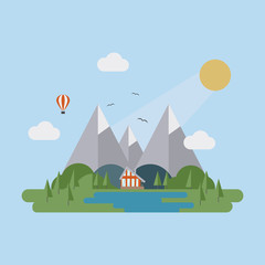 Flat summer landscape with mountain, lake, sun, trees, clouds and house.